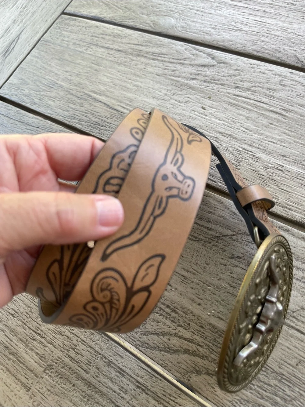 Western Tooled Faux Leather Belt with Decorative Longhorn Buckle - Brown